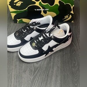 Men’s A Bathing Ape Bape Sta OS Black White Patent Leather Sneakers